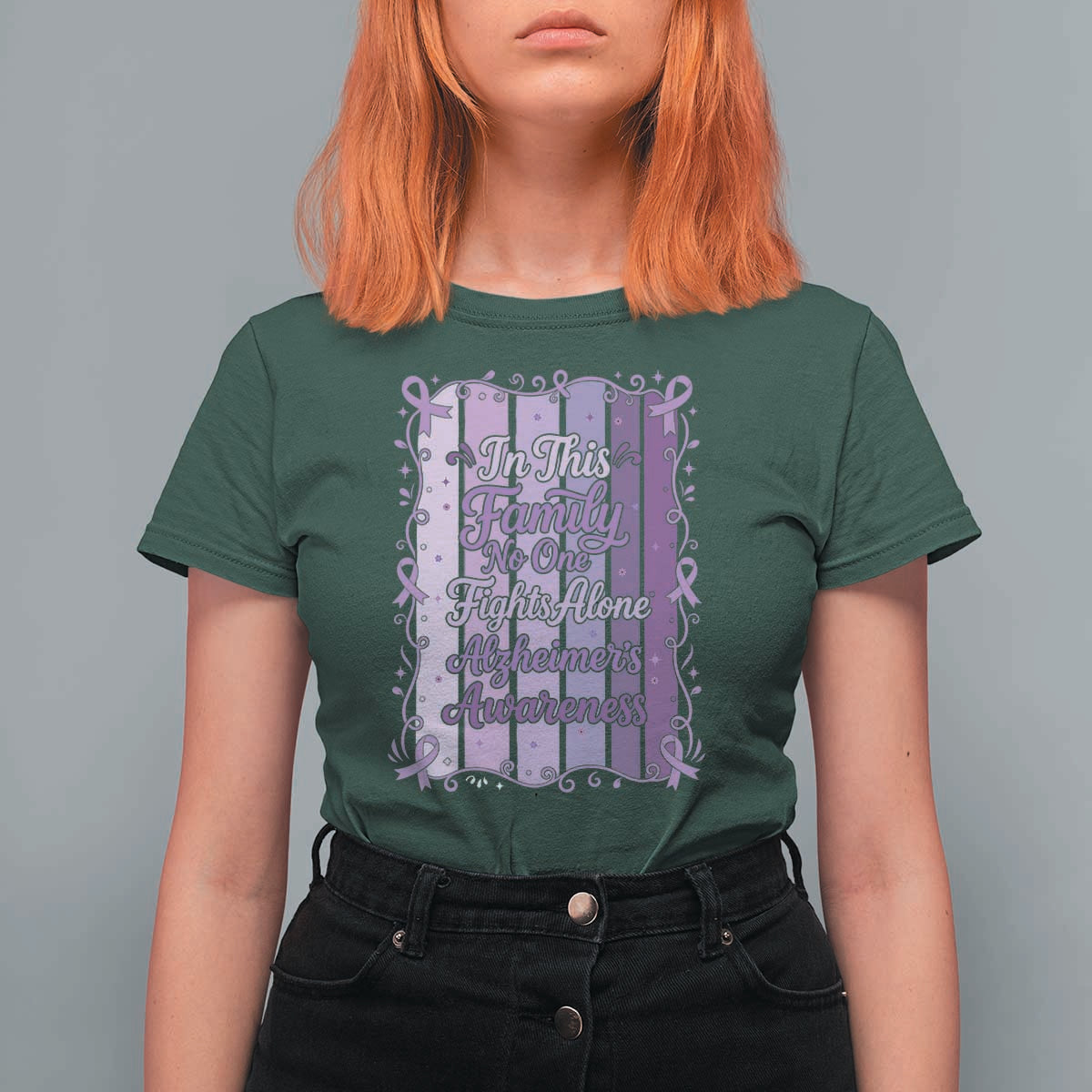 Purple Ribbon Alzheimers Caregiver Squad Gift T Shirt For Women In This Family We Support Together