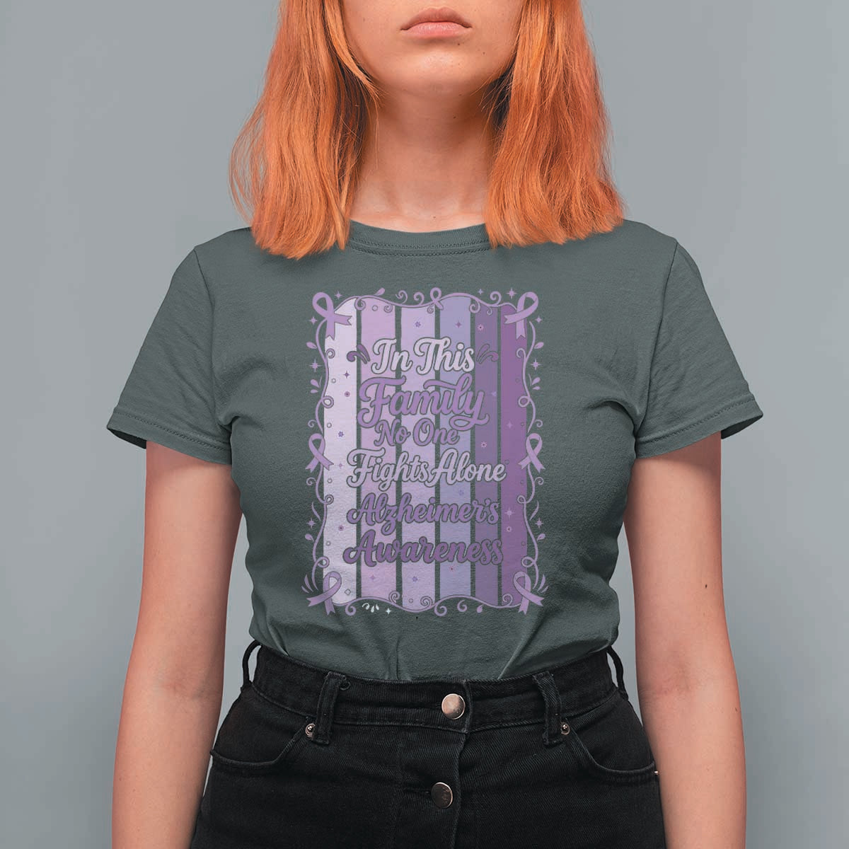 Purple Ribbon Alzheimers Caregiver Squad Gift T Shirt For Women In This Family We Support Together