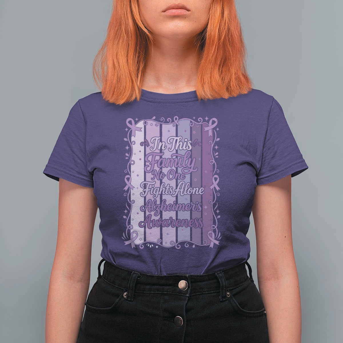 Purple Ribbon Alzheimers Caregiver Squad Gift T Shirt For Women In This Family We Support Together