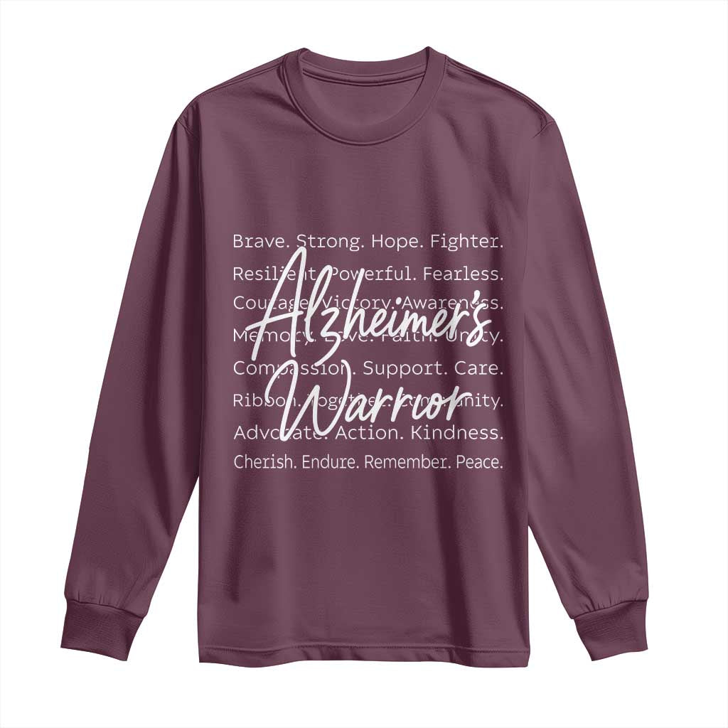 Alzheimers Warrior Purple Ribbon Support Word Cloud Typography Long Sleeve Shirt
