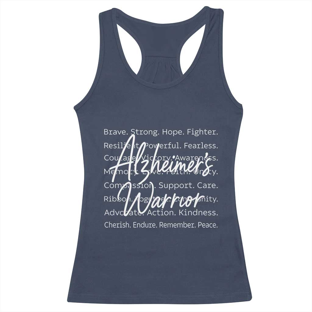 Alzheimers Warrior Purple Ribbon Support Word Cloud Typography Racerback Tank Top
