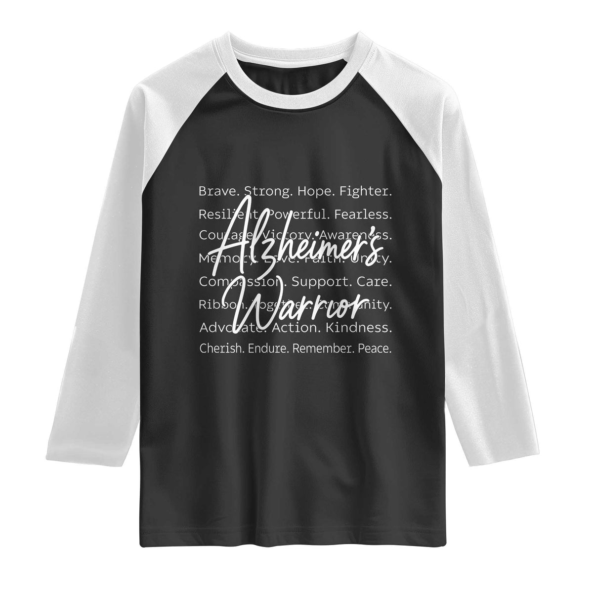 Alzheimers Warrior Purple Ribbon Support Word Cloud Typography Raglan Shirt