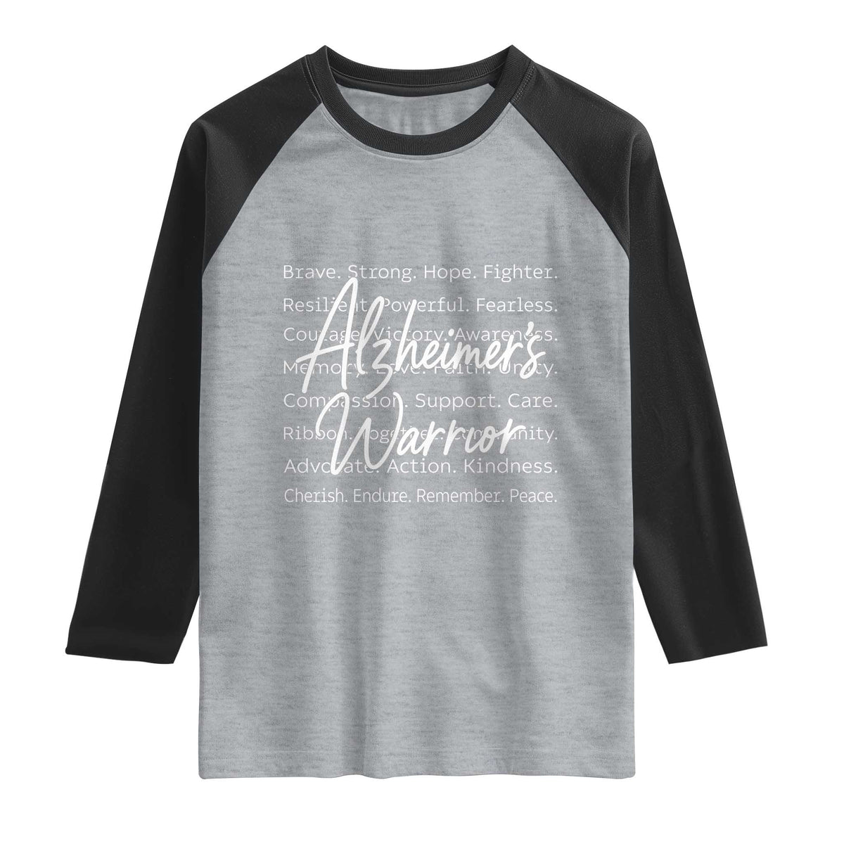 Alzheimers Warrior Purple Ribbon Support Word Cloud Typography Raglan Shirt