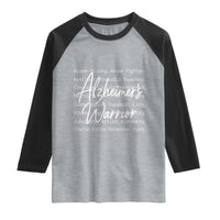 Alzheimers Warrior Purple Ribbon Support Word Cloud Typography Raglan Shirt