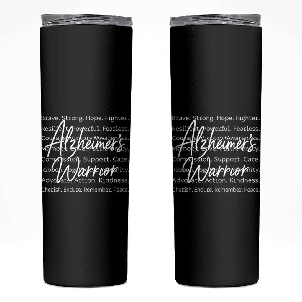 Alzheimers Warrior Purple Ribbon Support Word Cloud Typography Skinny Tumbler