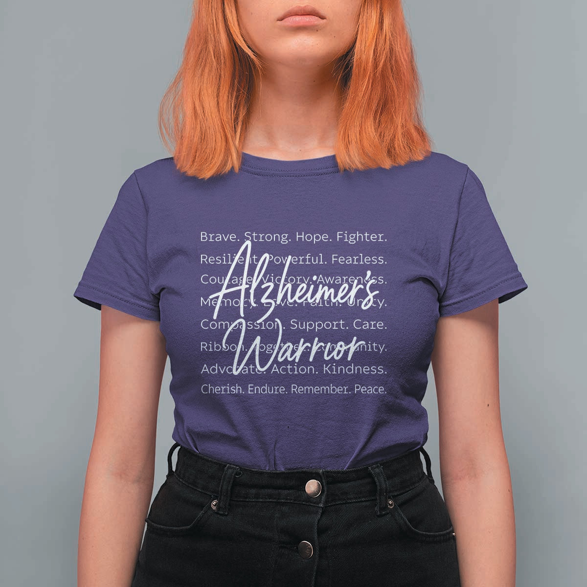 Alzheimers Warrior Purple Ribbon Support Word Cloud Typography T Shirt For Women
