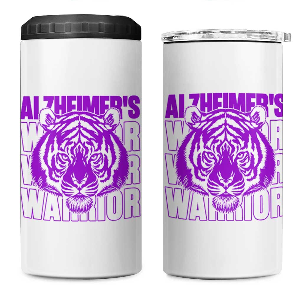 Alzheimer's Warrior 4 in 1 Can Cooler Tumbler Purple Tiger Ribbon Support Graphic