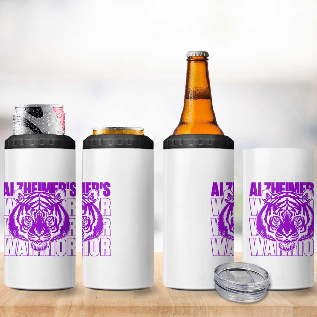 Alzheimer's Warrior 4 in 1 Can Cooler Tumbler Purple Tiger Ribbon Support Graphic