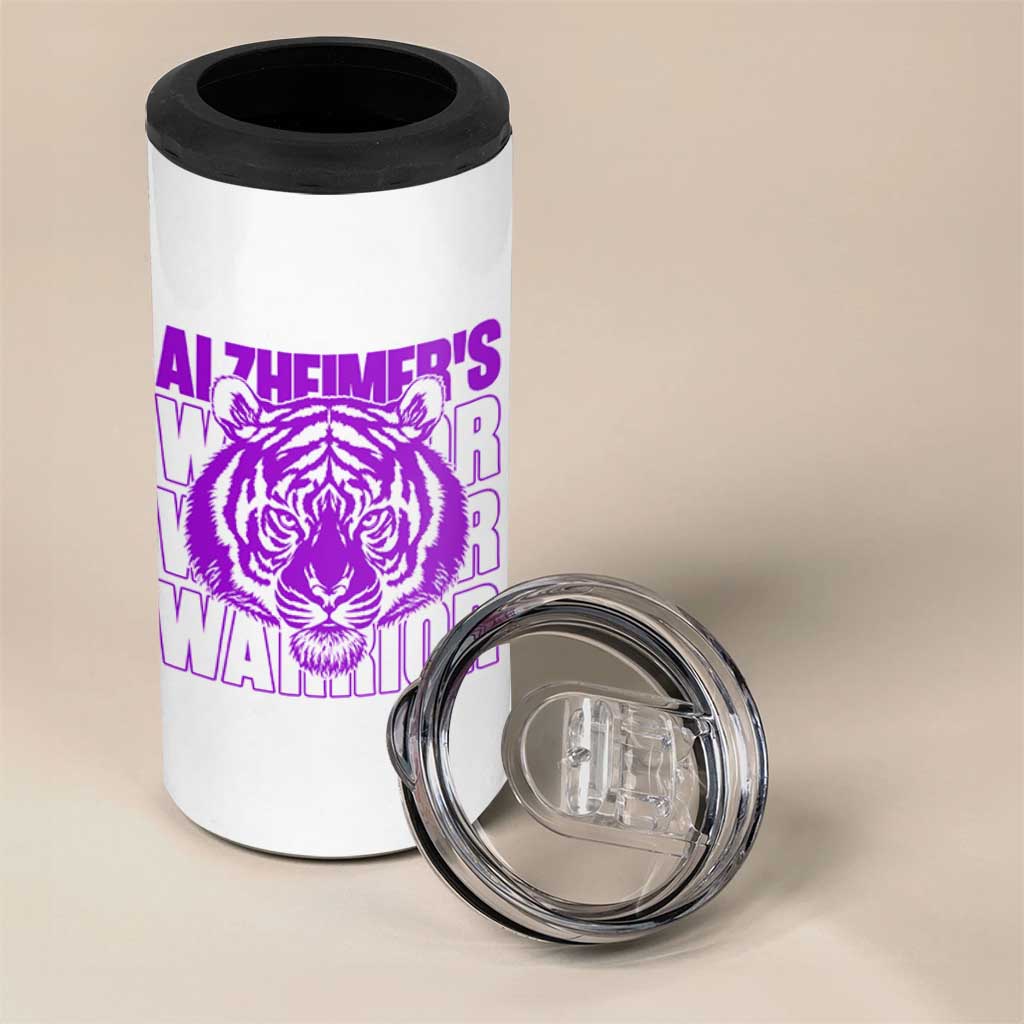 Alzheimer's Warrior 4 in 1 Can Cooler Tumbler Purple Tiger Ribbon Support Graphic