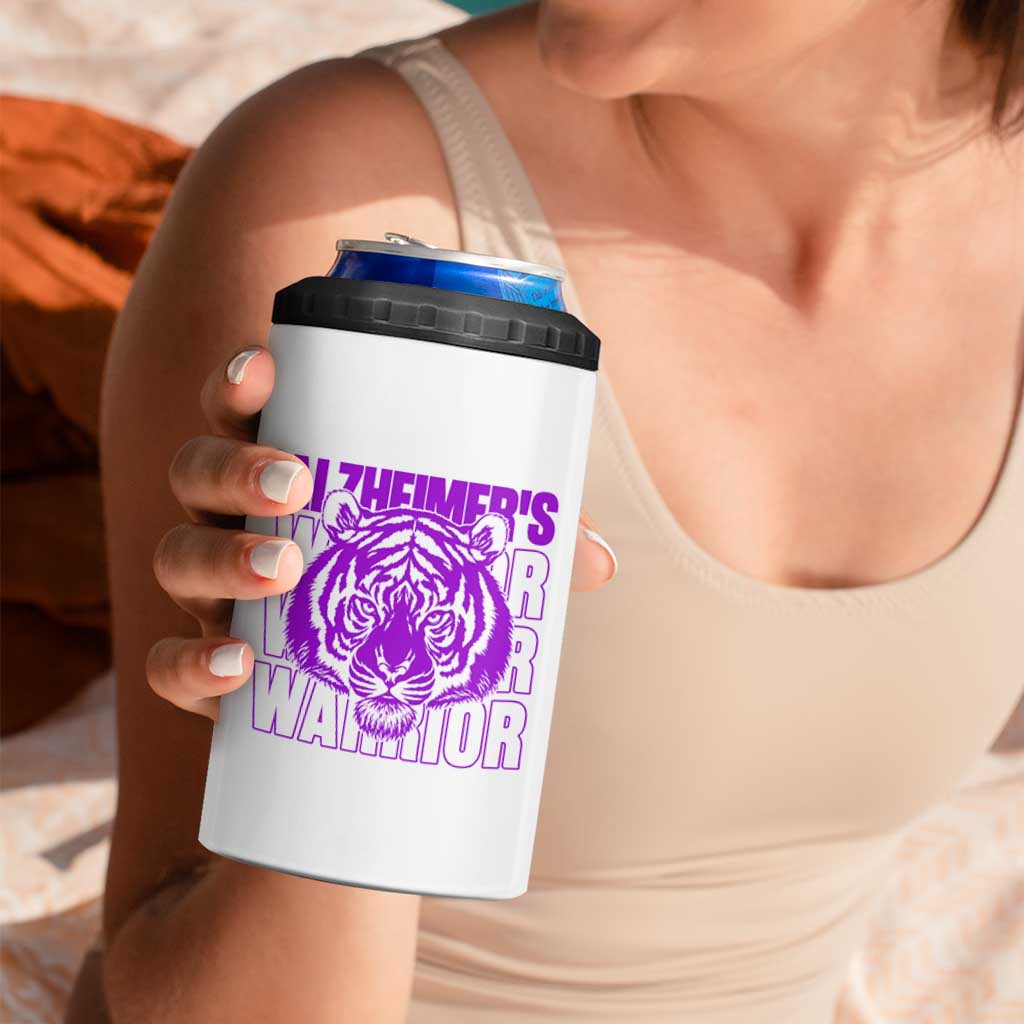 Alzheimer's Warrior 4 in 1 Can Cooler Tumbler Purple Tiger Ribbon Support Graphic