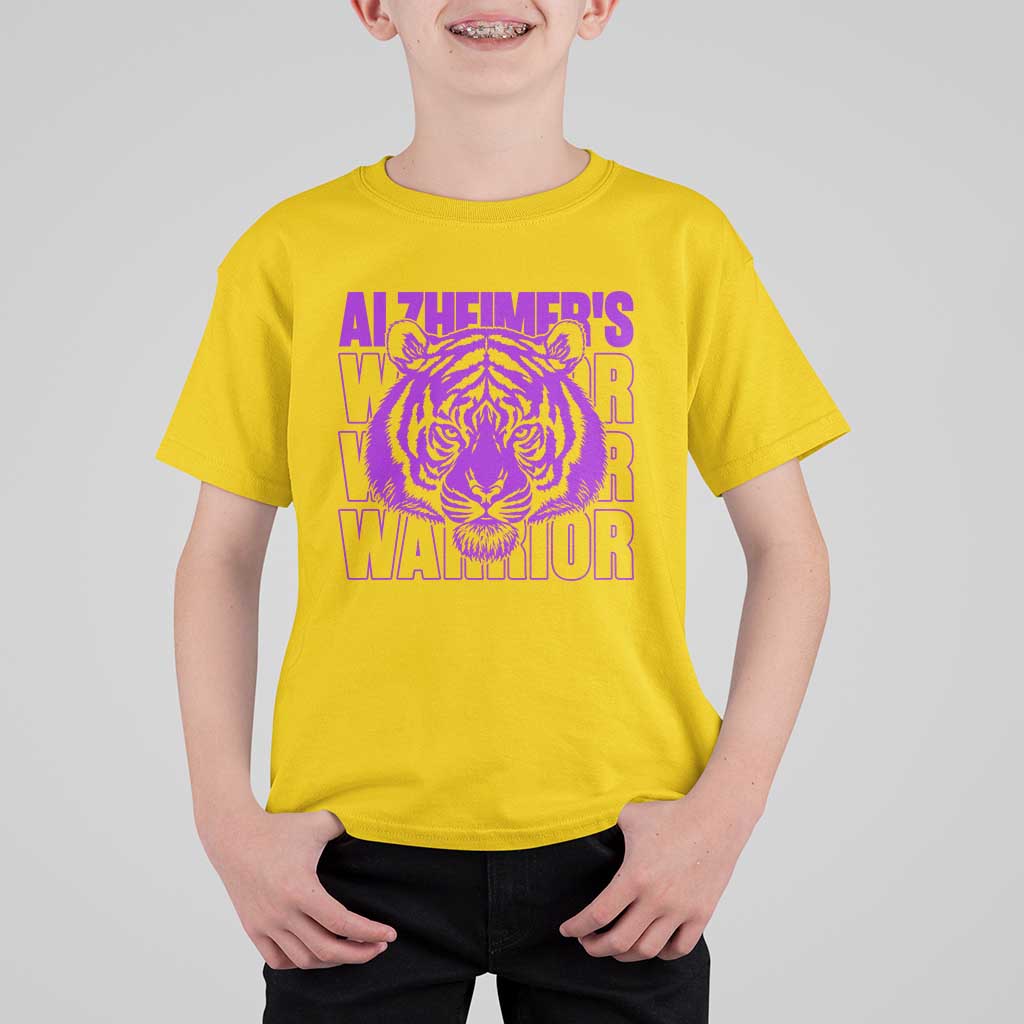 Alzheimer's Warrior T Shirt For Kid Purple Tiger Ribbon Support Graphic