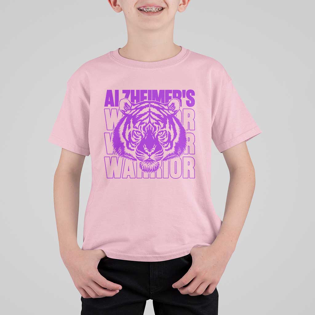 Alzheimer's Warrior T Shirt For Kid Purple Tiger Ribbon Support Graphic
