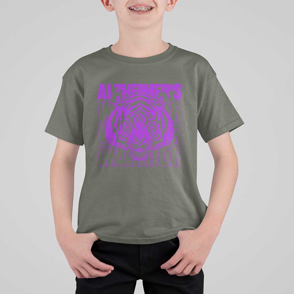 Alzheimer's Warrior T Shirt For Kid Purple Tiger Ribbon Support Graphic