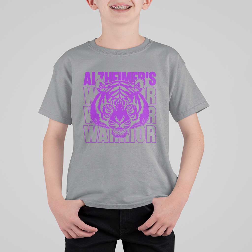 Alzheimer's Warrior T Shirt For Kid Purple Tiger Ribbon Support Graphic