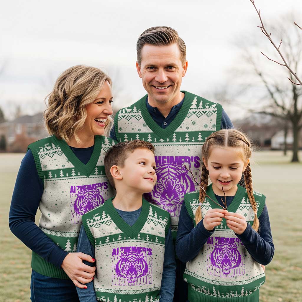 Alzheimer's Warrior V-Neck Knit Sweater Vest Purple Tiger Ribbon Support Graphic