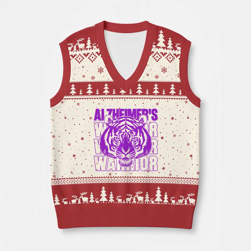 Alzheimer's Warrior V-Neck Knit Sweater Vest Purple Tiger Ribbon Support Graphic