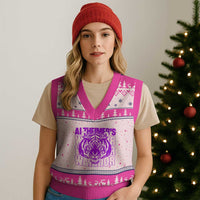 Alzheimer's Warrior V-Neck Knit Sweater Vest Purple Tiger Ribbon Support Graphic
