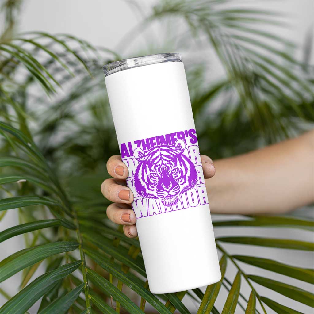 Alzheimer's Warrior Skinny Tumbler Purple Tiger Ribbon Support Graphic