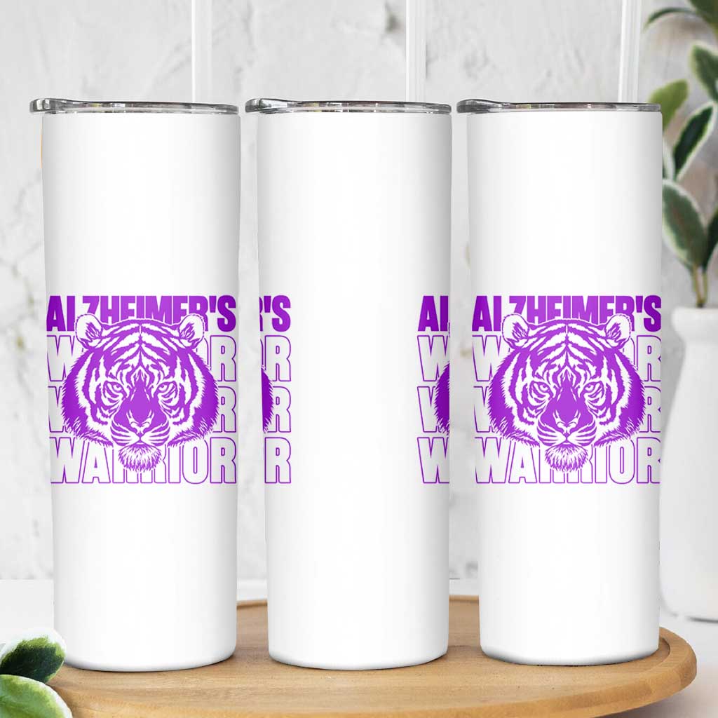 Alzheimer's Warrior Skinny Tumbler Purple Tiger Ribbon Support Graphic