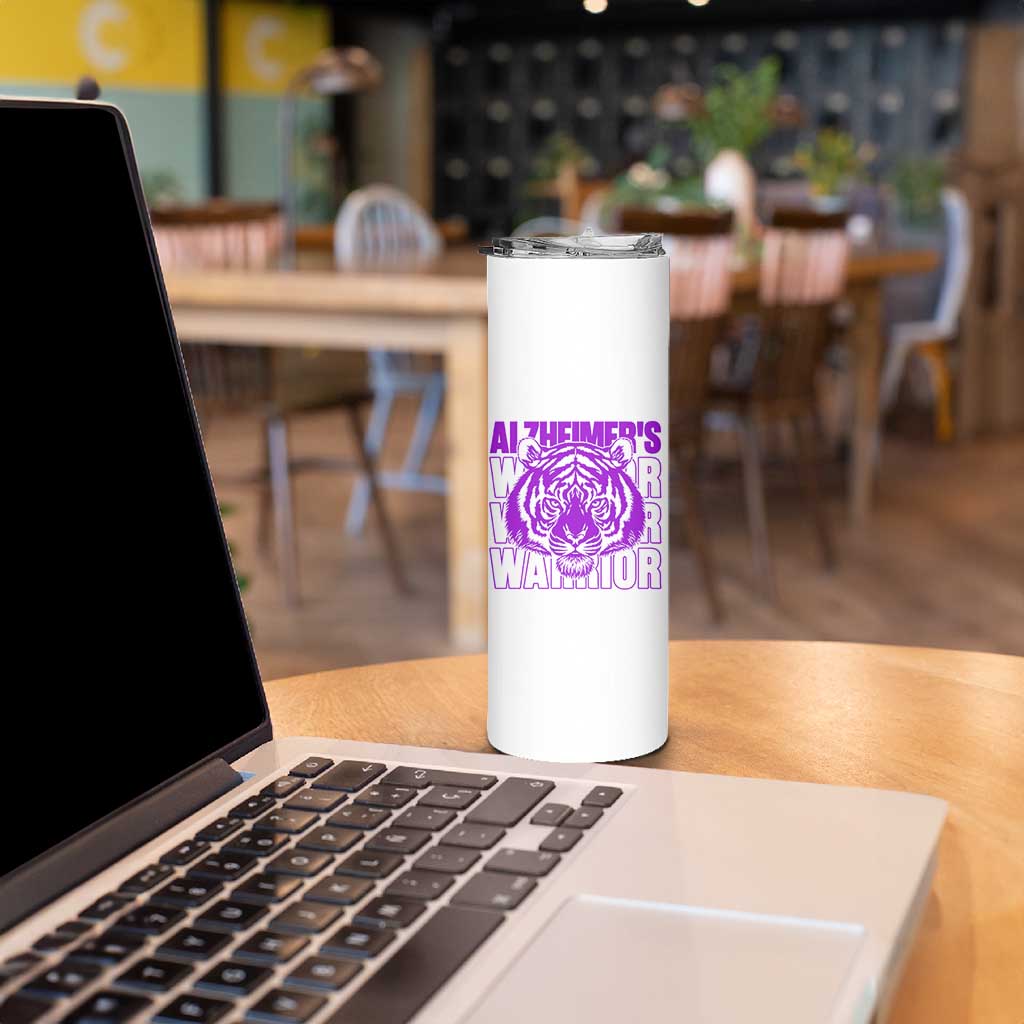 Alzheimer's Warrior Skinny Tumbler Purple Tiger Ribbon Support Graphic