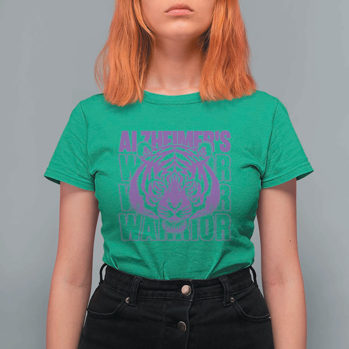 Alzheimer's Warrior T Shirt For Women Purple Tiger Ribbon Support Graphic