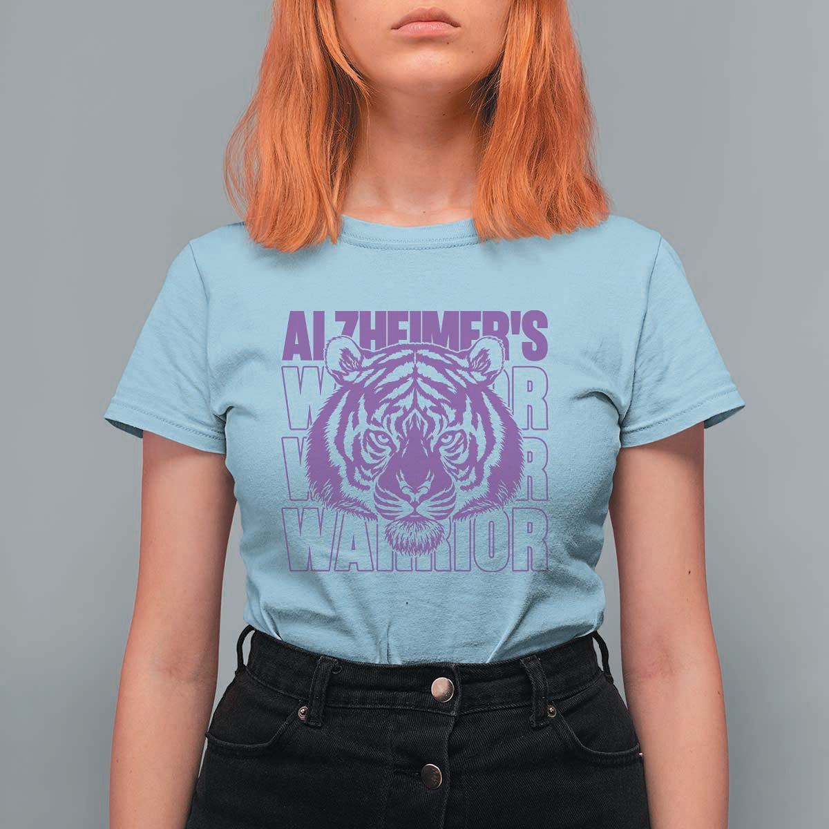 Alzheimer's Warrior T Shirt For Women Purple Tiger Ribbon Support Graphic
