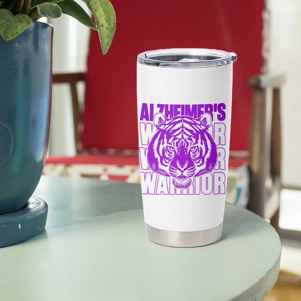 Alzheimer's Warrior Tumbler Cup Purple Tiger Ribbon Support Graphic