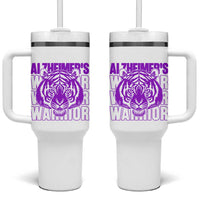 Alzheimer's Warrior Tumbler With Handle Purple Tiger Ribbon Support Graphic