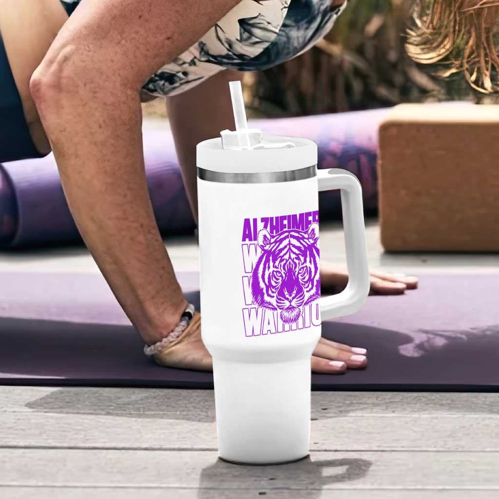 Alzheimer's Warrior Tumbler With Handle Purple Tiger Ribbon Support Graphic