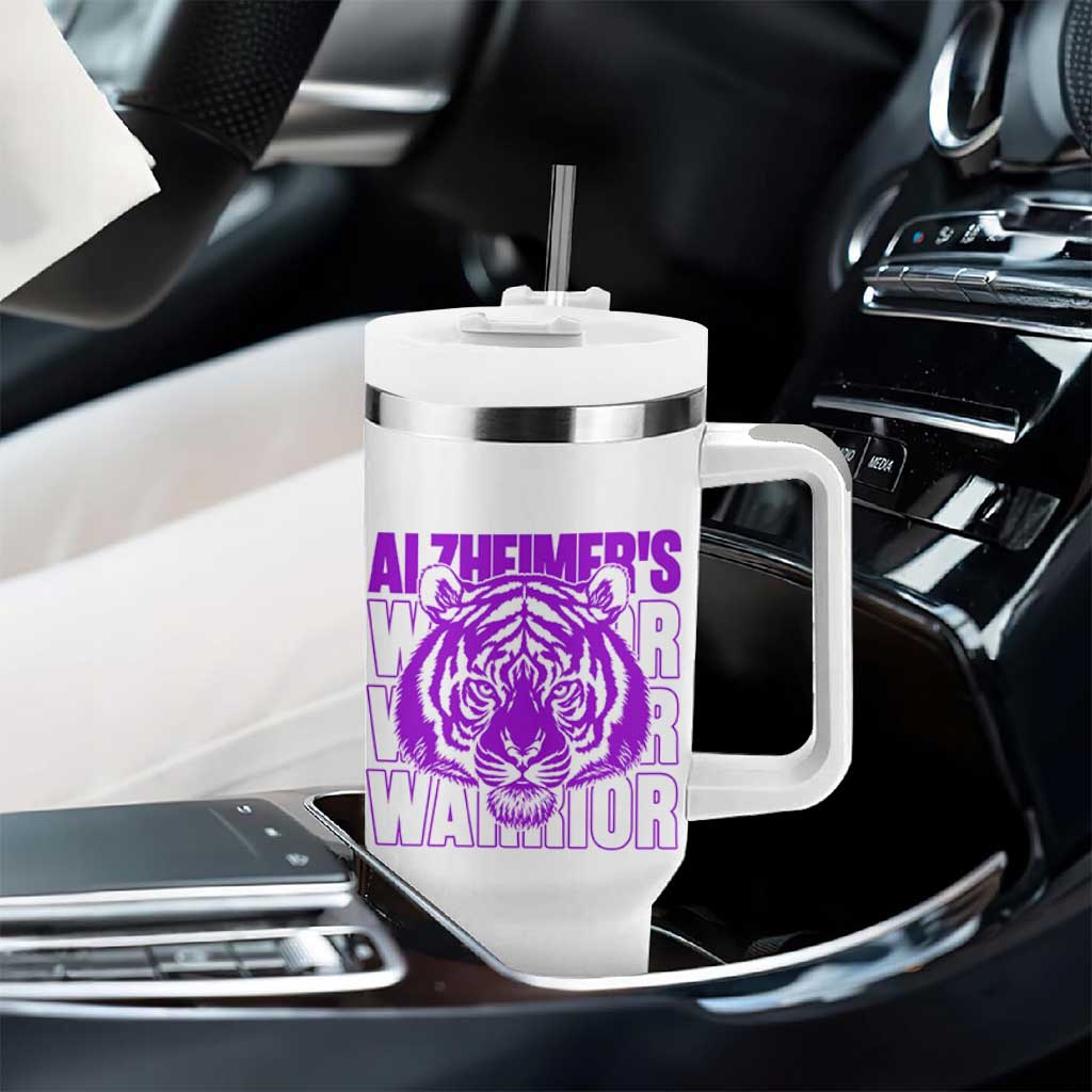 Alzheimer's Warrior Tumbler With Handle Purple Tiger Ribbon Support Graphic