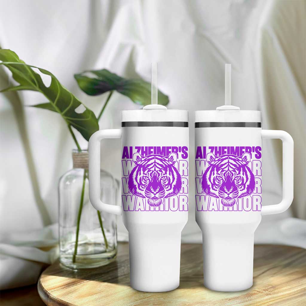 Alzheimer's Warrior Tumbler With Handle Purple Tiger Ribbon Support Graphic