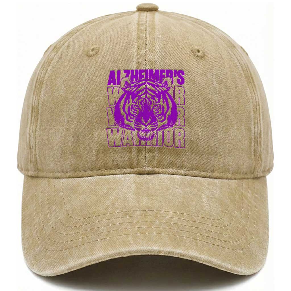 Alzheimer's Warrior Washed Cotton Baseball Cap Purple Tiger Ribbon Support Graphic