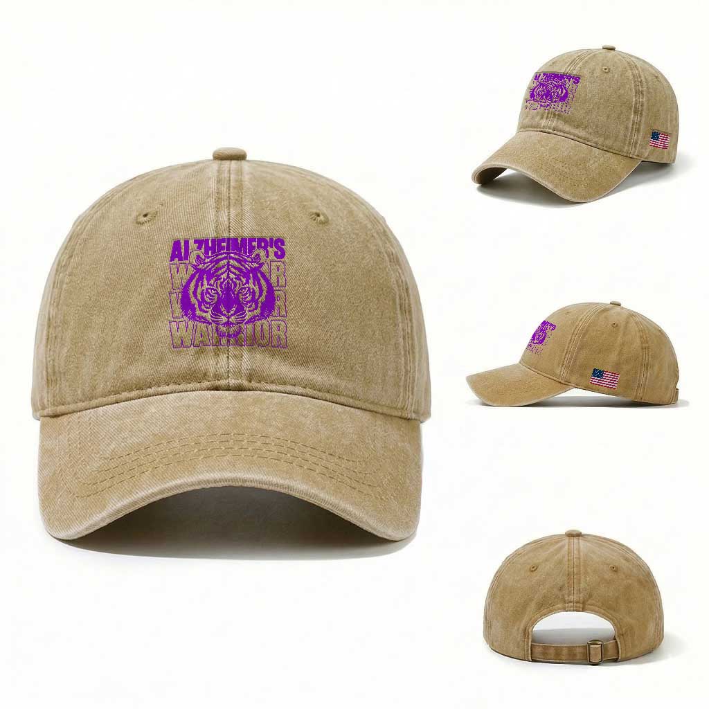 Alzheimer's Warrior Washed Cotton Baseball Cap Purple Tiger Ribbon Support Graphic