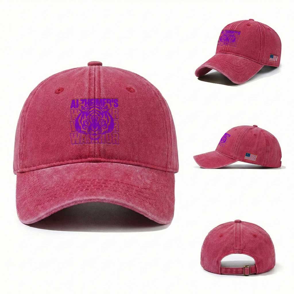 Alzheimer's Warrior Washed Cotton Baseball Cap Purple Tiger Ribbon Support Graphic