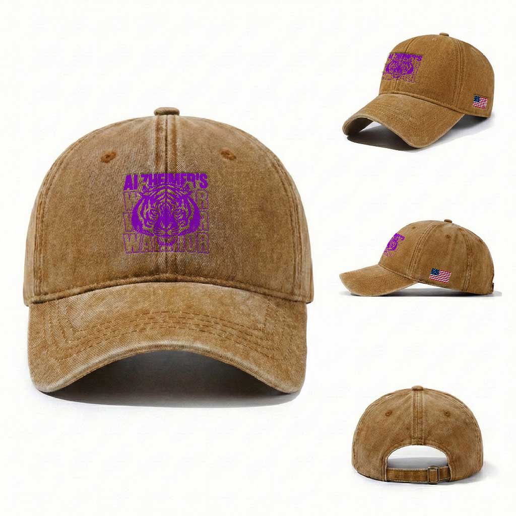 Alzheimer's Warrior Washed Cotton Baseball Cap Purple Tiger Ribbon Support Graphic