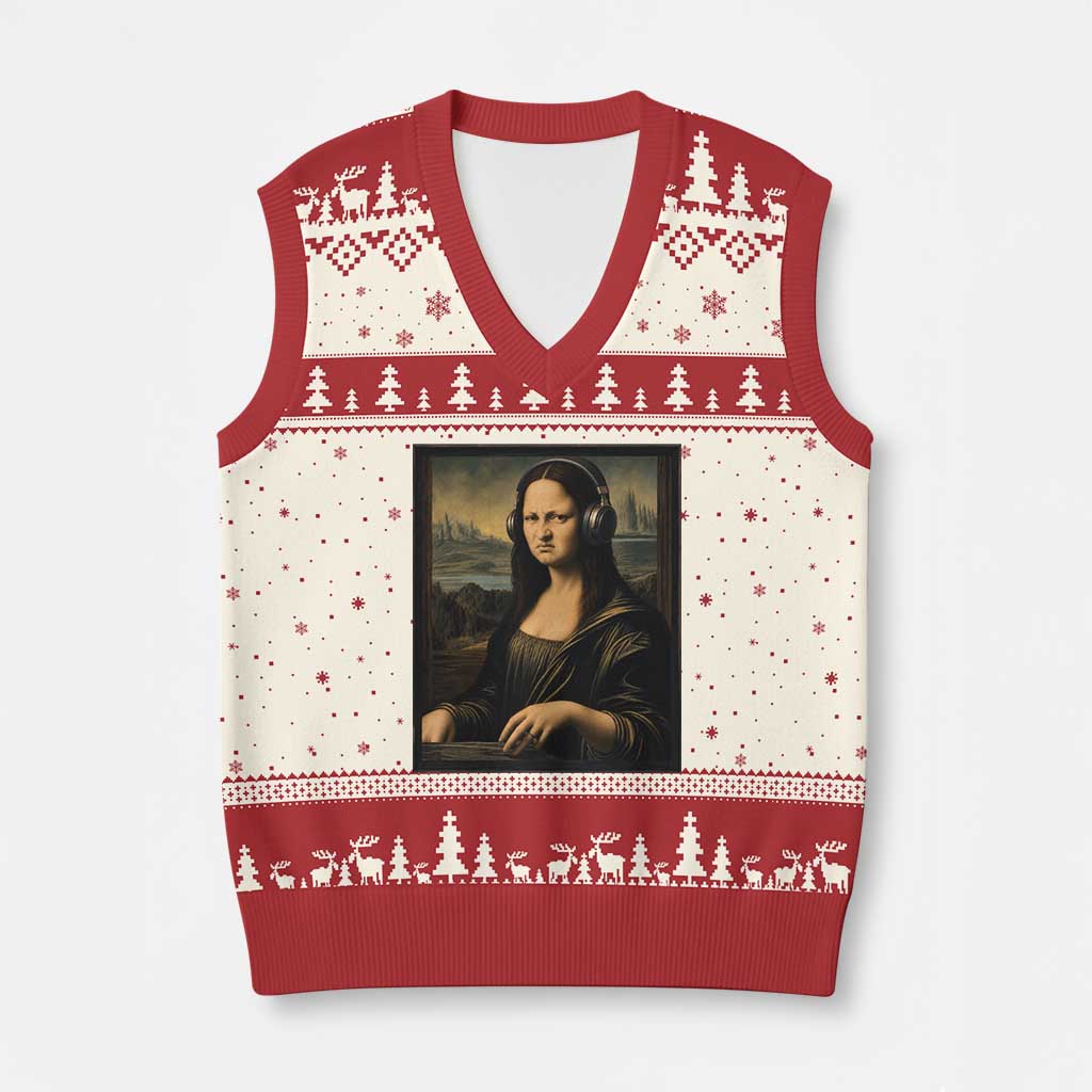 Funny Mona Lisa Bass Face V-Neck Knit Sweater Vest Vintage DJ Producer Music Lover Gift