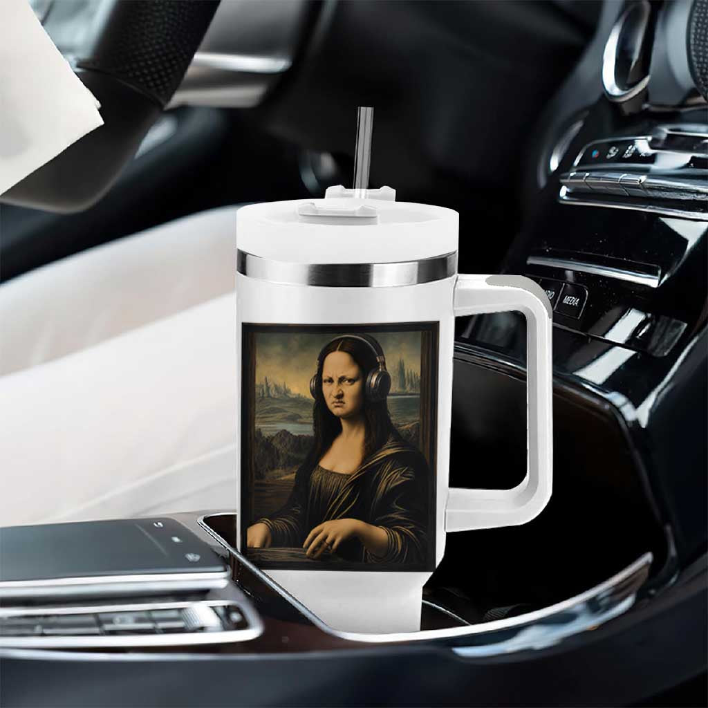 Funny Mona Lisa Bass Face Tumbler With Handle Vintage DJ Producer Music Lover Gift
