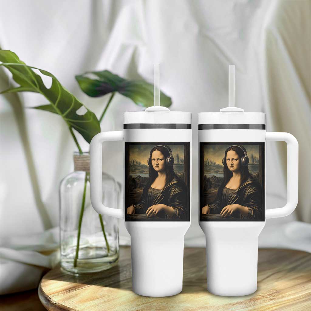 Funny Mona Lisa Bass Face Tumbler With Handle Vintage DJ Producer Music Lover Gift