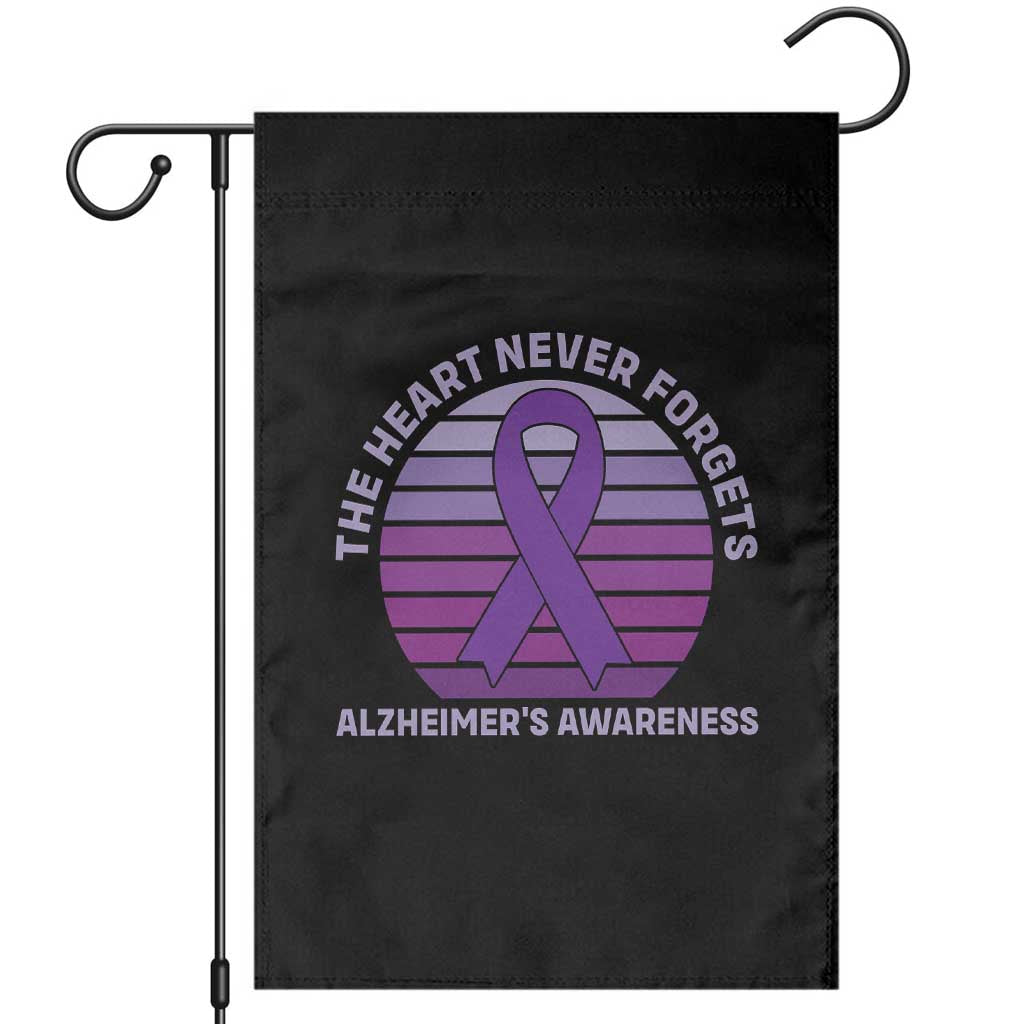 The Heart Never Forgets Alzheimers Support Garden Flag Vintage Sunset Purple Ribbon Graphic