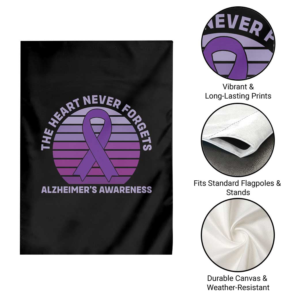 The Heart Never Forgets Alzheimers Support Garden Flag Vintage Sunset Purple Ribbon Graphic