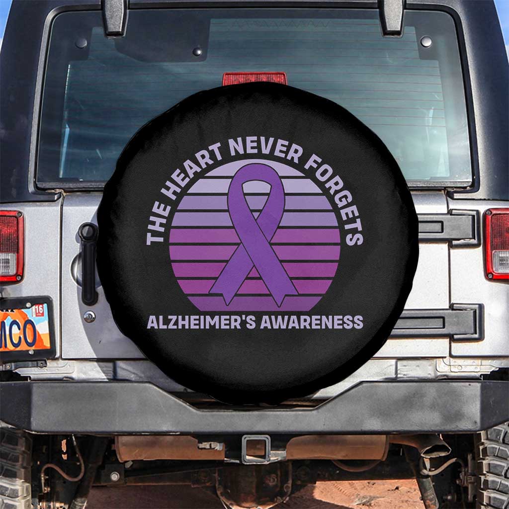 The Heart Never Forgets Alzheimers Support Spare Tire Cover Vintage Sunset Purple Ribbon Graphic