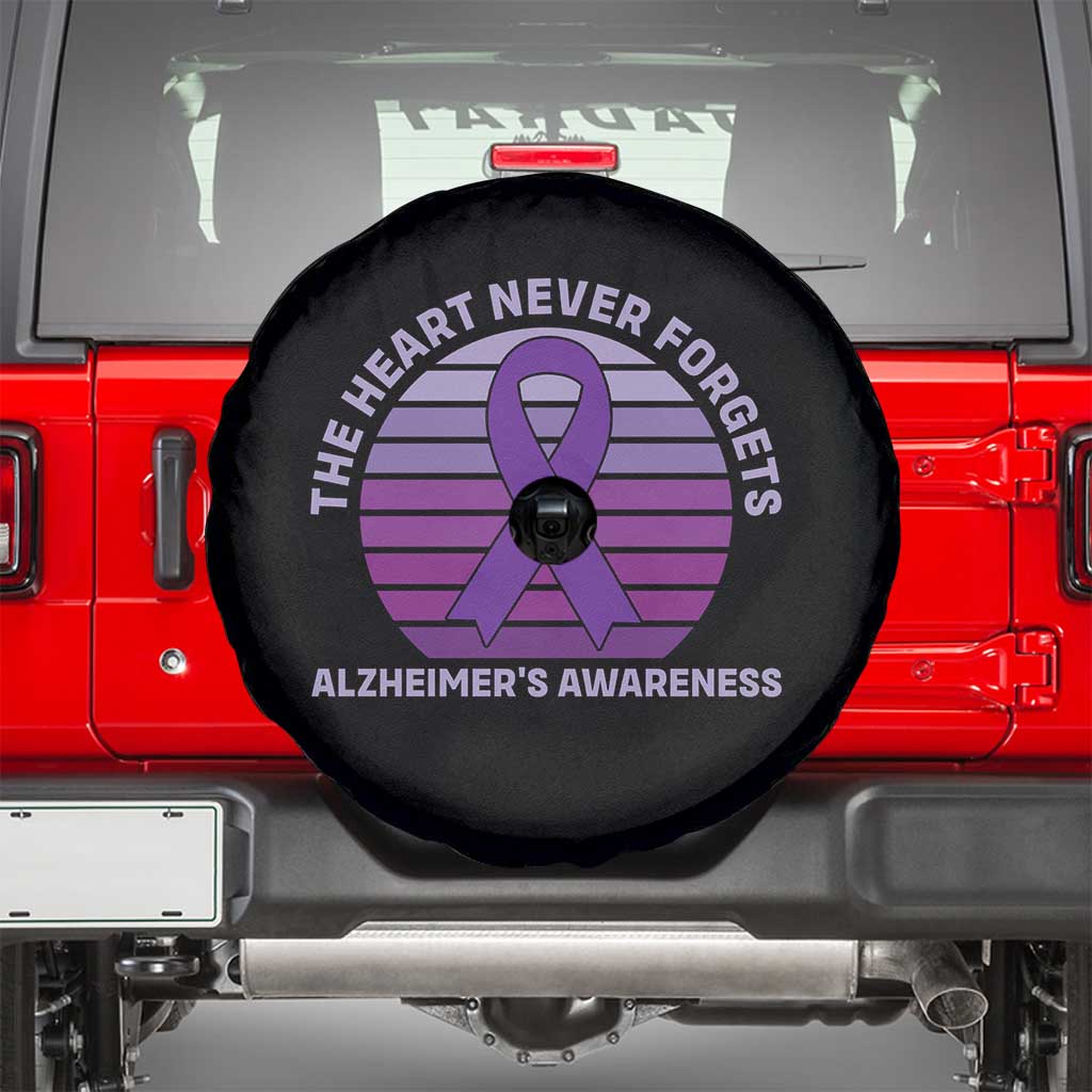 The Heart Never Forgets Alzheimers Support Spare Tire Cover Vintage Sunset Purple Ribbon Graphic