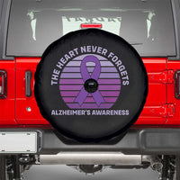 The Heart Never Forgets Alzheimers Support Spare Tire Cover Vintage Sunset Purple Ribbon Graphic