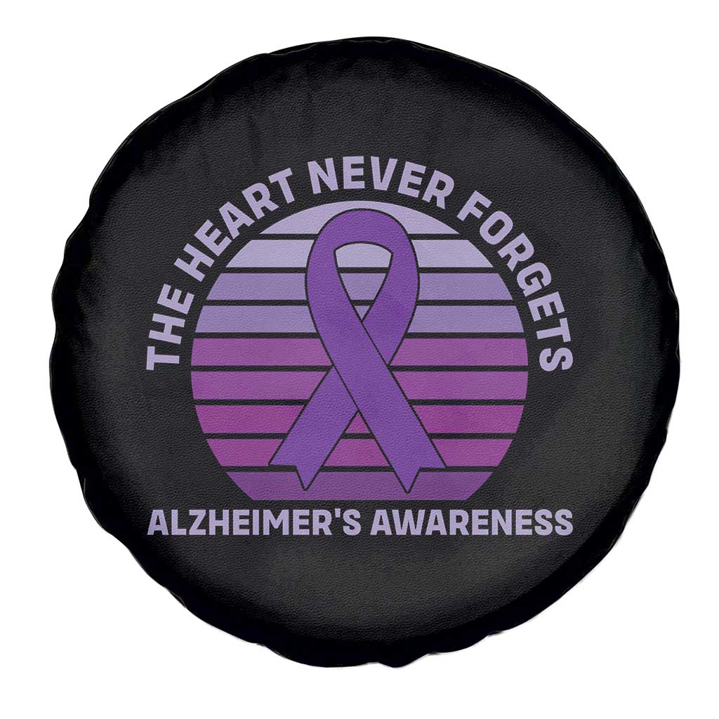 The Heart Never Forgets Alzheimers Support Spare Tire Cover Vintage Sunset Purple Ribbon Graphic