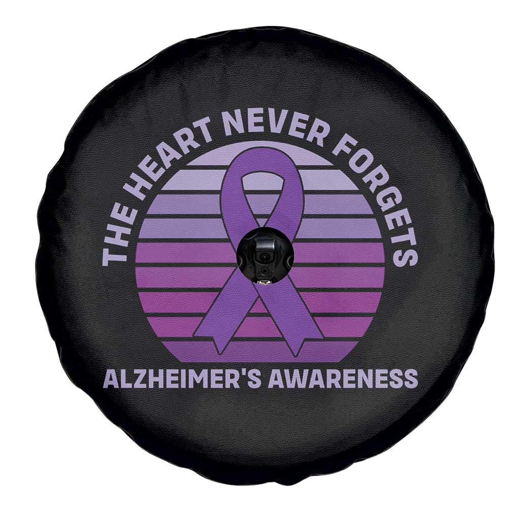 The Heart Never Forgets Alzheimers Support Spare Tire Cover Vintage Sunset Purple Ribbon Graphic
