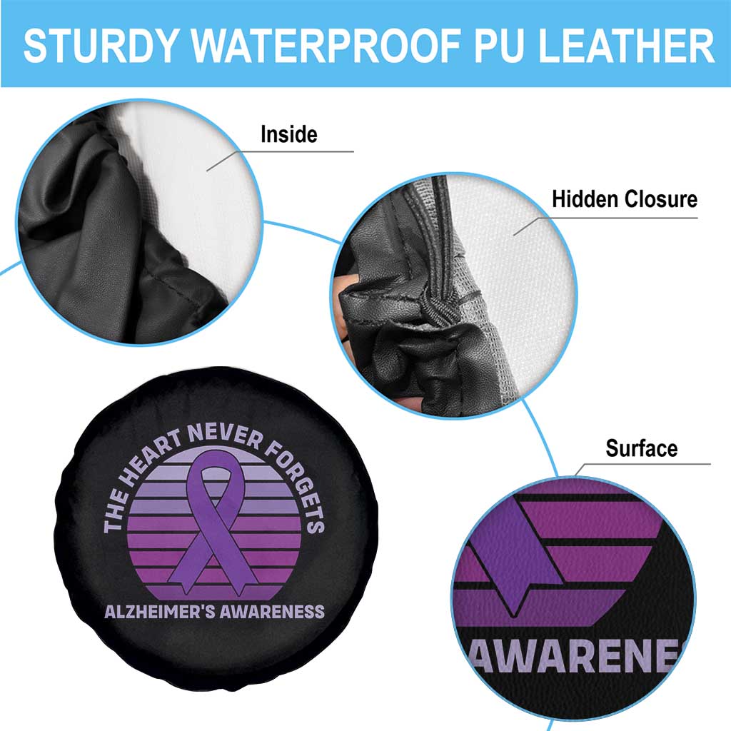 The Heart Never Forgets Alzheimers Support Spare Tire Cover Vintage Sunset Purple Ribbon Graphic