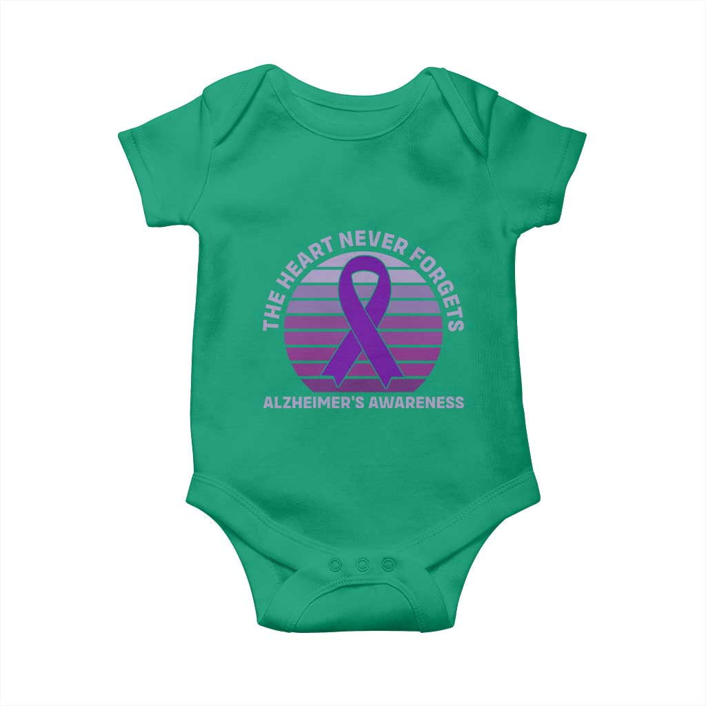 The Heart Never Forgets Alzheimers Support Baby Onesie Vintage Sunset Purple Ribbon Graphic