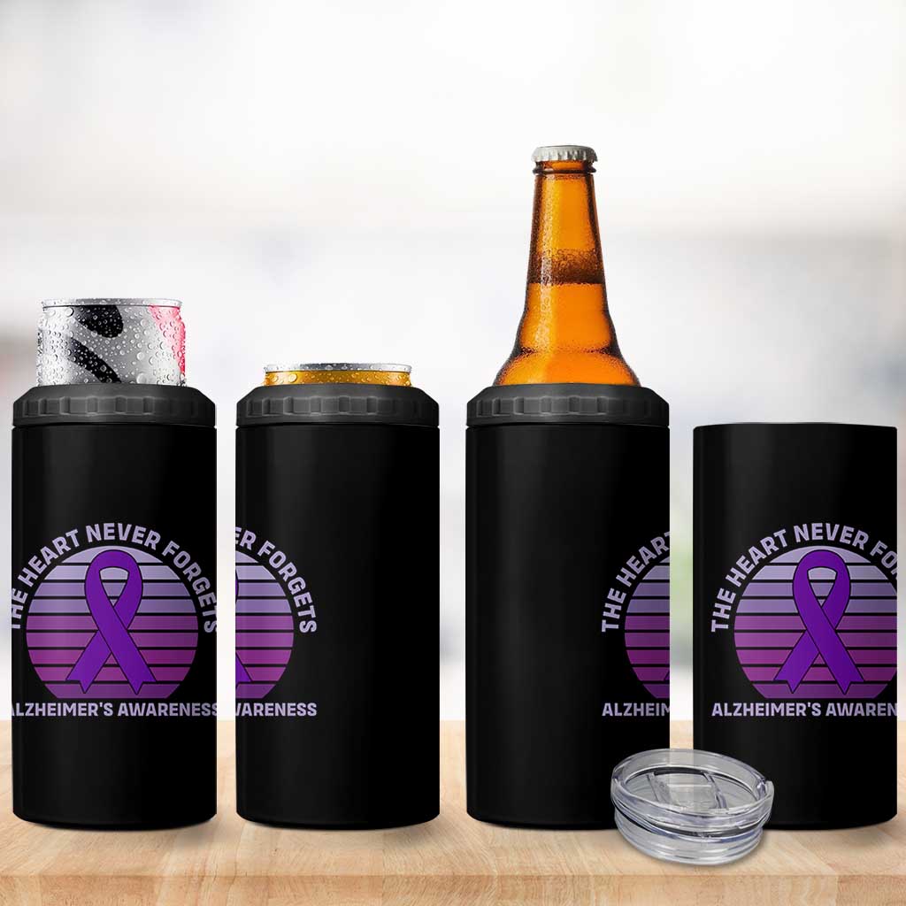 The Heart Never Forgets Alzheimers Support 4 in 1 Can Cooler Tumbler Vintage Sunset Purple Ribbon Graphic
