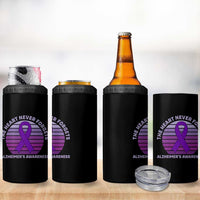 The Heart Never Forgets Alzheimers Support 4 in 1 Can Cooler Tumbler Vintage Sunset Purple Ribbon Graphic