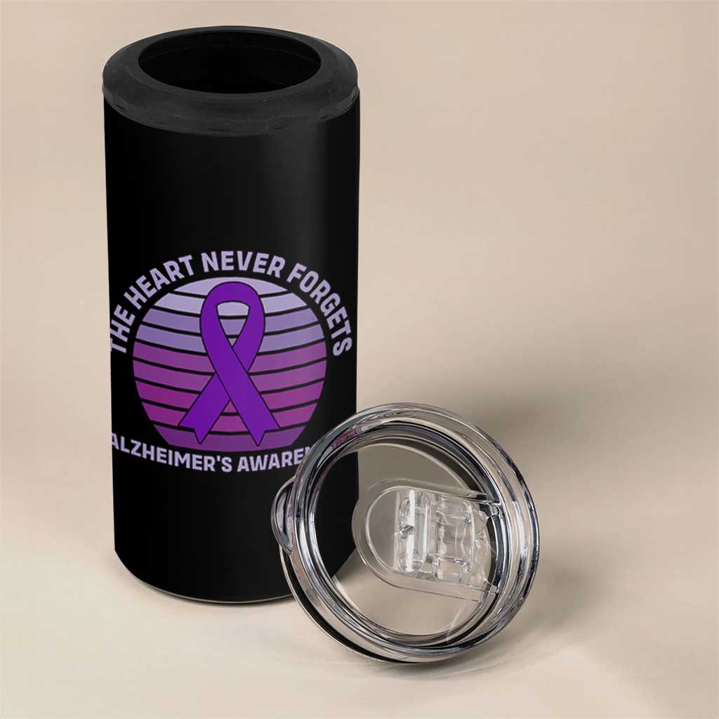 The Heart Never Forgets Alzheimers Support 4 in 1 Can Cooler Tumbler Vintage Sunset Purple Ribbon Graphic